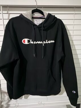 Champion Black Hoodie with Gray Lining and White/Red Logo